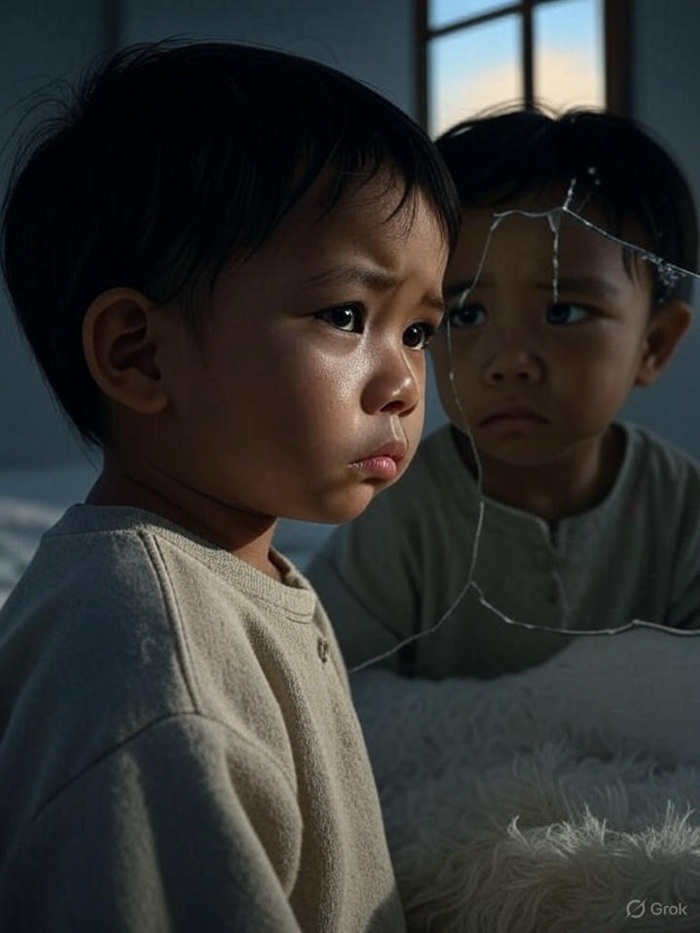 Ilustrasi cerpen anak di depan kaca retak.