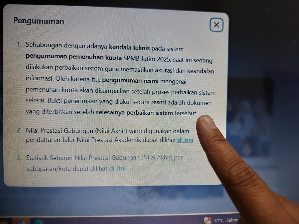 Kondisi web SMPB milik Pemprov Jatim yang eror hingga Selasa (1/7)