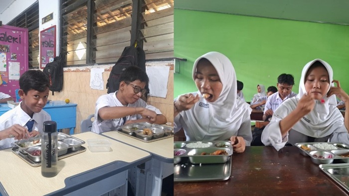 Siswa SLB Tunas Harapan IV Sumobito (kiri) dan Siswi SMPN Kabuh saat menikmati MBG di sekolahnya Senin (27/10)