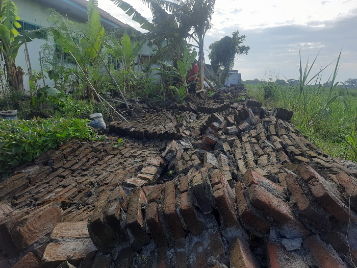 BUTUH PERBAIKAN: Tembok pembatas SDN Jombatan 6 Kecamatan Jombang roboh diterjang angin kencang, Minggu (2/11).