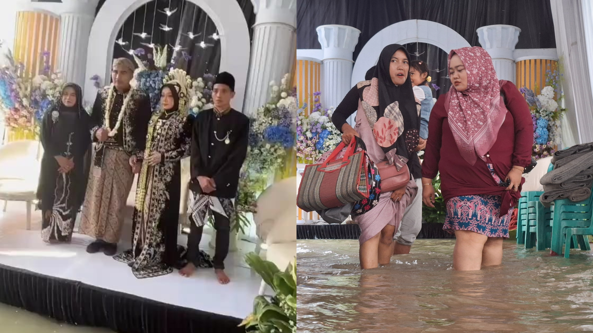 Momen pernikahan sejoli di Jombang yang digelar di tengah banjir