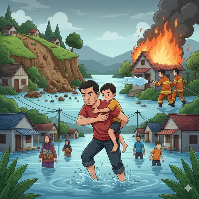 Ilustrasi bencana banjir, tanah longsor dan kebakaran.