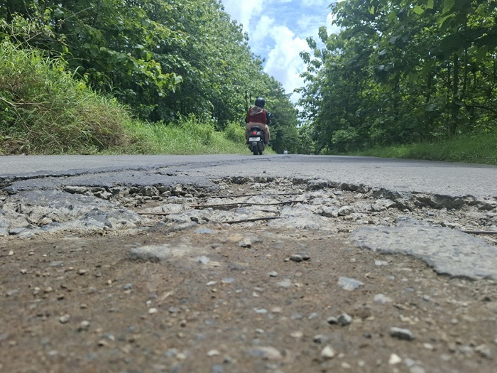 Kondisi jalan kabupaten di ruas Pengampon-Sumberaji, Kecamatan Kabuh, Jombang yang rusak parah.