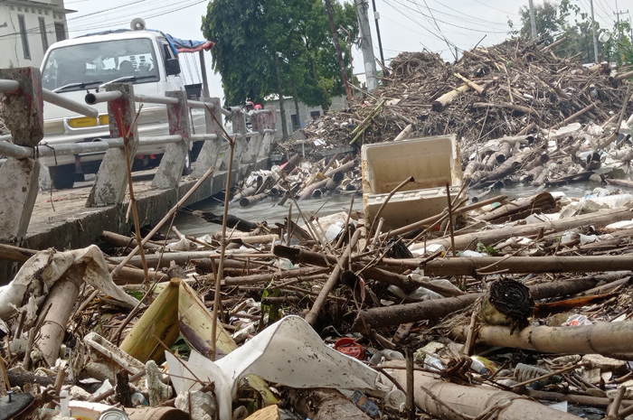 PERLU DIBERSIHKAN: Sangkrah menumpuk di aliran Kali Marmoyo tepatnya jembatan Desa Gedongombo, Kecamatan Ploso, Jombang.