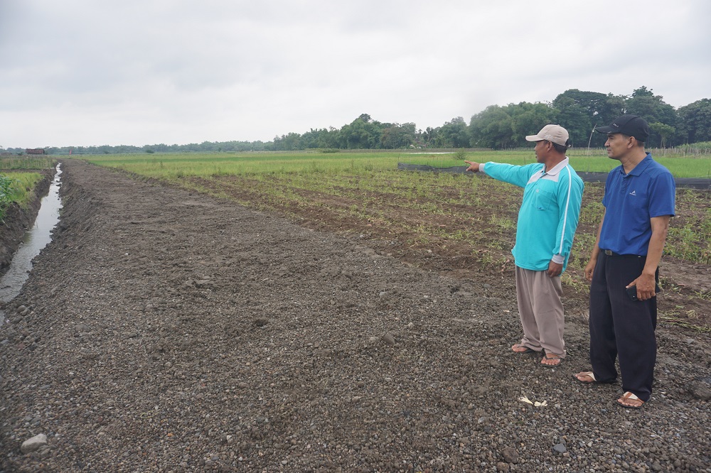 Kepala Desa Rejoagung Ahmad Hasani (kanan) bersama Kepala Dusun Payak Santren Syamsul Anam menunjukan akses jalan pertanian hasil swadaya warga setempat.