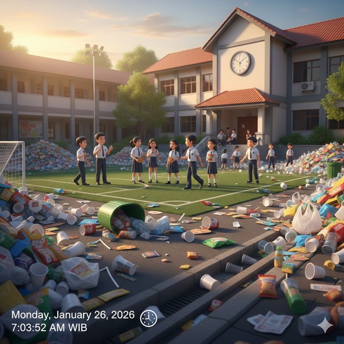 Ilustrasi sampah plasti di lingkungan sekolah.