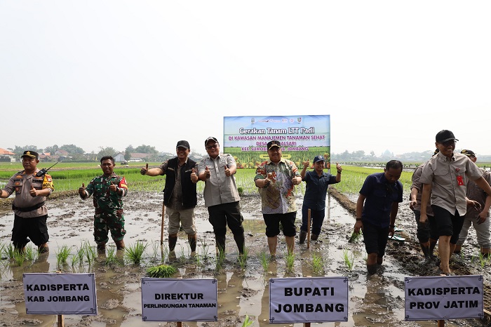 BANGGA: Bupati Jombang memimpin Gerakan tanam padi ini dilaksanakan di Dusun Kalimati Desa Kendalsari, Kecamatan Sumobito, pada hari ini, Kamis (10/4) pagi.