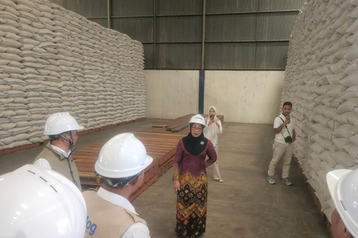PANTAU: Anggota Komisi IV DPR RI, Sadarestuwati saat melakukan inspeksi mendadak (sidak) di gudang Perum Bulog Mojongapit, Jombang, Senin (9/3).