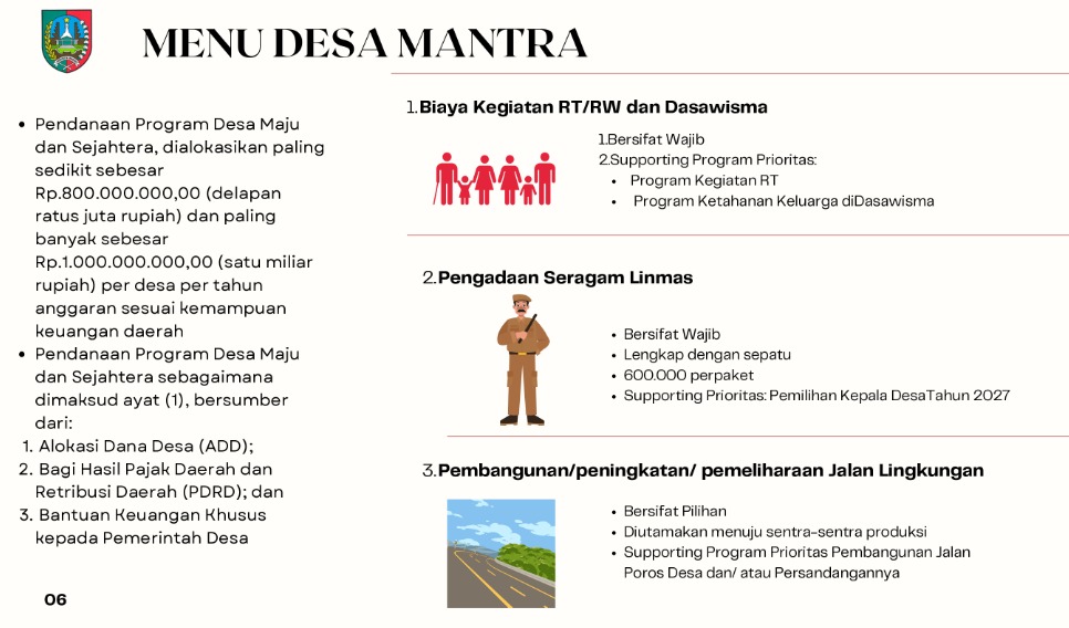 Ilustrasi program dan alokasi yang bisa digunakan untuk dana desa mantra