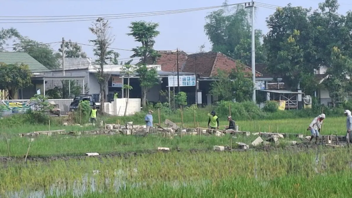 Pembangunan gerai dan gudang KDKMP di di Desa Sidomulyo, Kecamatan Megaluh, Jombang, (1/4). (Ainul Hafidz/Radar Jombang)