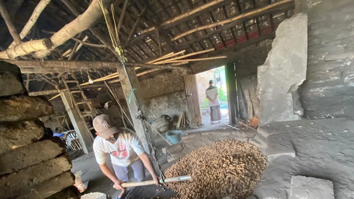 TRADISIONAL: Produksi kacang goreng di Dusun Mlaten, Desa Selorejo, Kecamatan Mojowarno, Jombang menggunakan cara tradisional. (Anggi Fridianto/Radar Jombang)