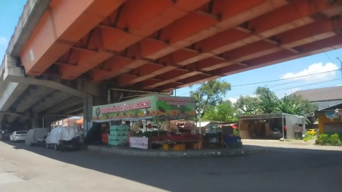 MULAI MENJAMUR: Bangunan semi permanen berdiri di bawah flyover Peterongan, Jombang. (Azmy Endiyana/Radar Jombang)