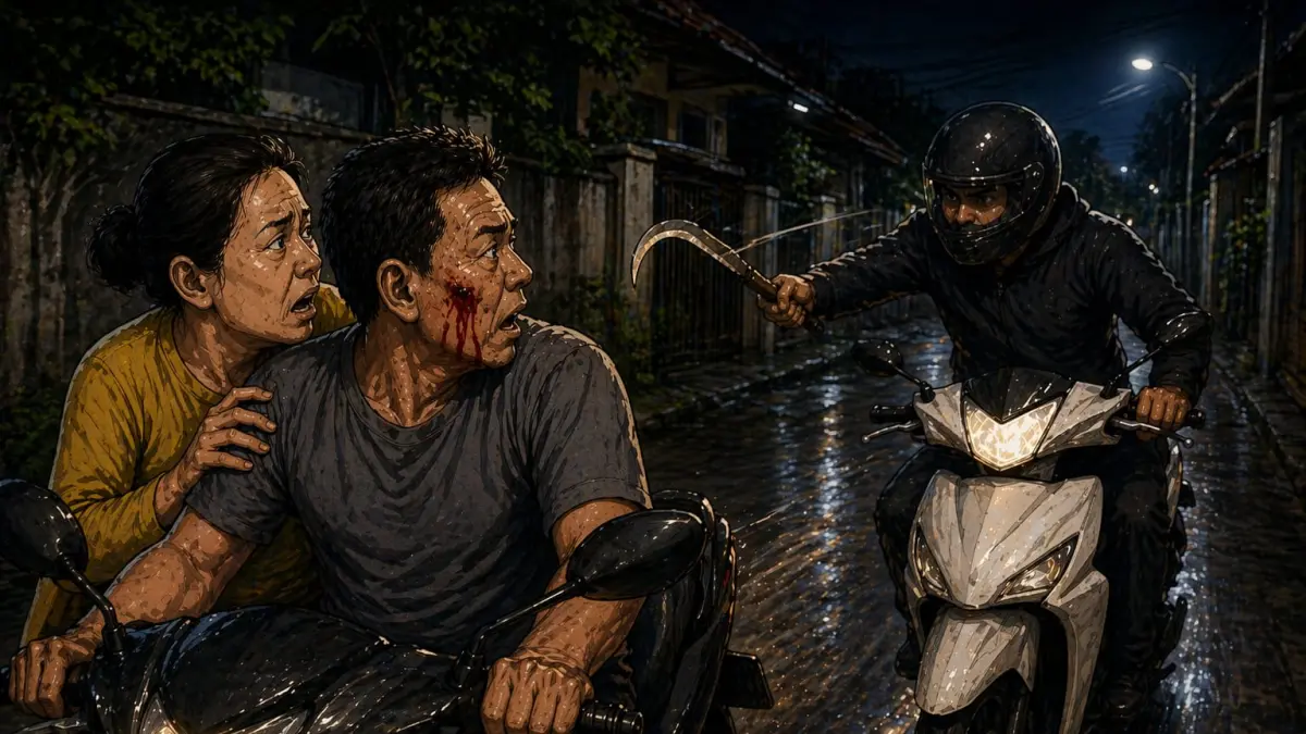 Seorang pria mengalami luka robek di bagian pipi kiri usai dibacok orang tak dikenal saat pulang berbelanja di Desa Tunggorono, Kecamatan Jombang, Rabu (22/4/2026) malam. (Achmad RW/AI/Radar Jombang)