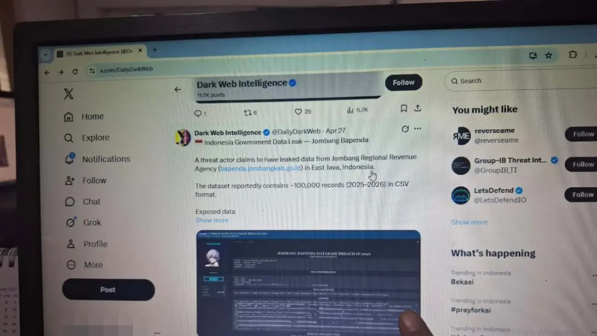 Unggahan akun @DaylyDarkWeb di media sosial X yang menyebutkan data wajib pajak di Jombang bocor dan disebar di Darkweb