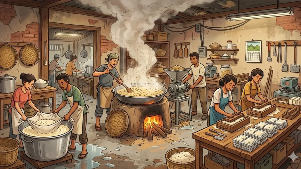 Ilustrasi produksi tahu. (Ainul Hafidz/AI/Radar Jombang)