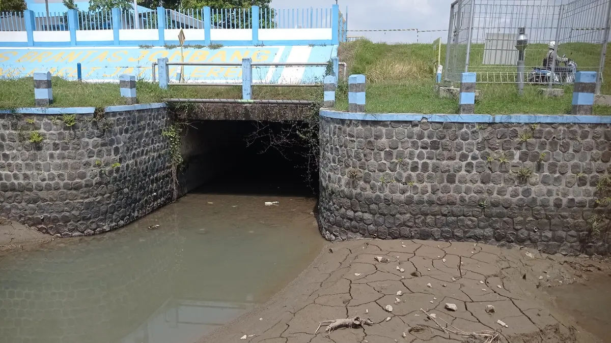 KERING: Kondisi DI (Daerah Irigasi) Jatimlerek yang tak lagi dialiri air Sungai Brantas akibat pintu enam Dam Karet Jatimlerek, Plandaan, Jombang rusak lagi. (Ainul Hafidz/Radar Jombang)