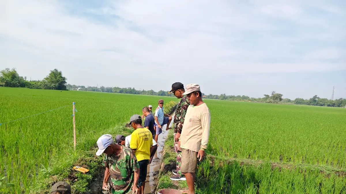 JAGA TRADISI: Kepala Desa Kepuhdoko Inasaroh terjun bersama perangkat desa, Babinsa, dan poktan setempat saat membersihkan saluran air, Minggu (17/5). (Dwi Aris/Radar Jombang)