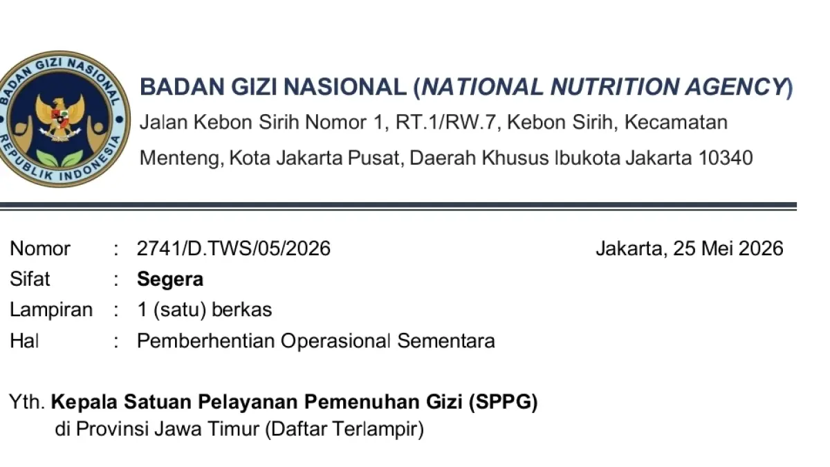 BGN menghentikan sementara operasional ratusan Satuan Pelayanan Pemenuhan Gizi (SPPG) atau dapur Program Makan Bergizi Gratis (MBG) di Jawa Timur.
