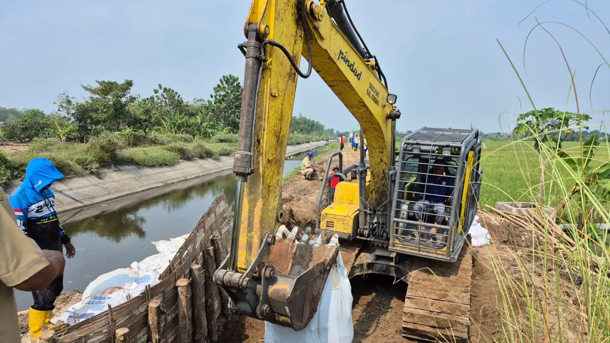 DITANGANI DARURAT: Alat berat melakukan penanganan tanggul SI Mrican Kanan Desa Karangdagangan, Kecamatan Bandarkedungmulyo, Jombang yang jebol. (Ainul Hafidz/Radar Jombang)