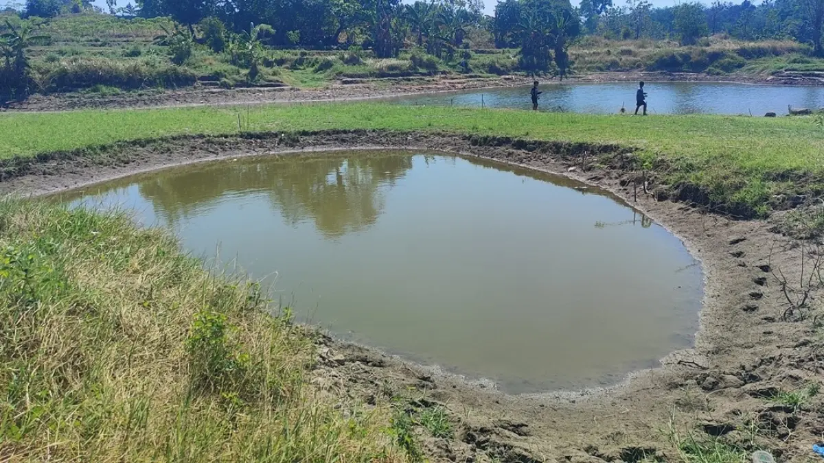 MULAI SUSUT: Warga memancing di area Embung Grojokan di Desa Plabuhan, Kecamatan Plandaan, Jombang. (Ainul Hafidz/Radar Jombang)