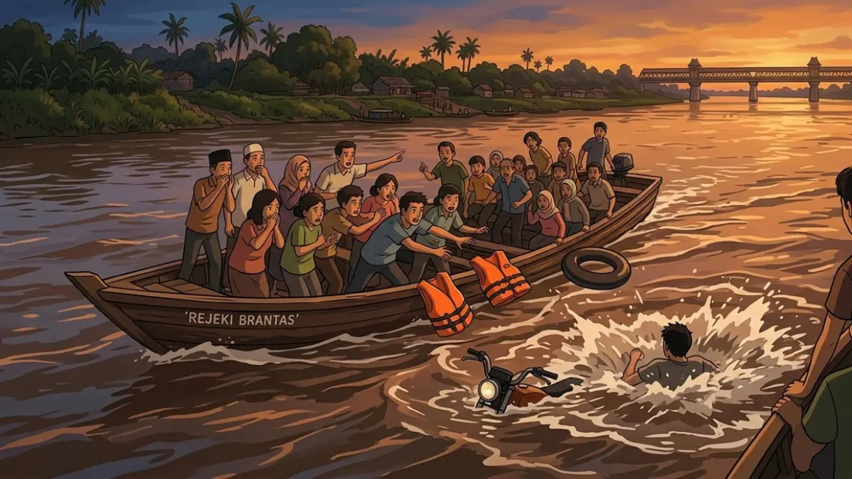 Ilustrasi pria ceburkan diri ke Sungai Brantas. (Ainul Hafidz/AI/Radar Jombang)