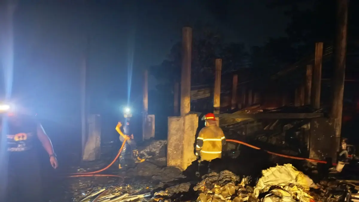 petugas pemadam kebakaran melakukan pembasahan di lokasi kebakaran