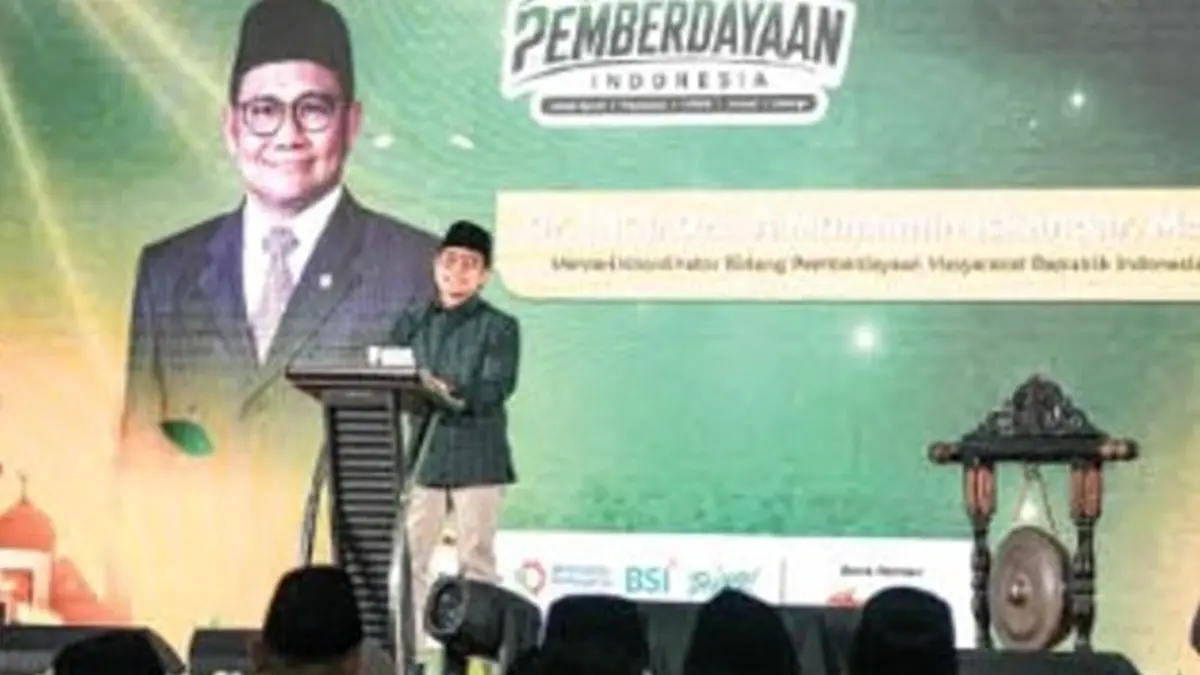 Menteri Koordinator Bidang Pemberdayaan Masyarakat, A Muhaimin Iskandar saat memberikan sambutan di Majelis Pemberdayaan Indonesia di Gedung Pusat Pembelajaran Terpadu MAN 4 Denanyar, Jombang, Jumat (28/8/2026). (IST)