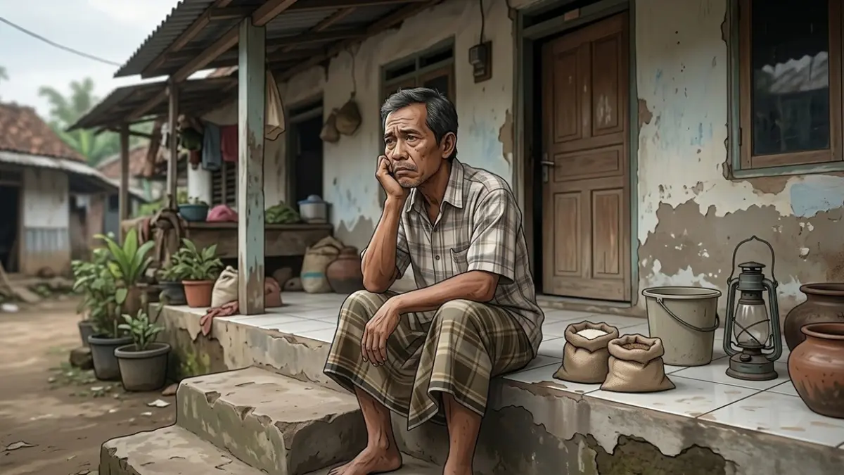 Ilustrasi warga sedih tidak menerima bantuan, sedangkan desil mendadak berubah. (Ainul Hafidz/AI/Radar Jombang)