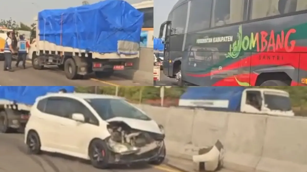 Bus milik Pemkab Jombang yang membawa rombongan teater nyaris terlibat kecelakaan di Tol Surabaya-Mojokerto (Sumo), Jumat (11/9) siang. (IST)