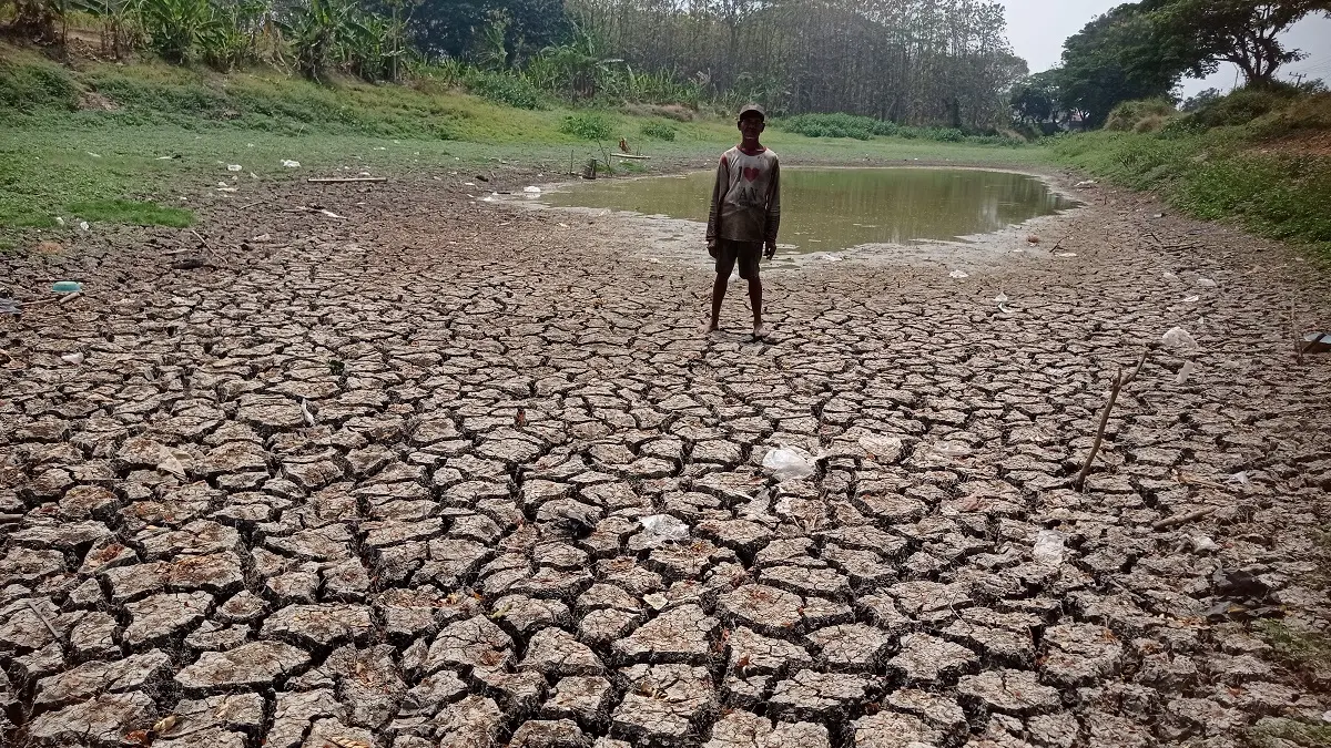 Kondisi Embung Brumbung di Dusun Patran, Desa Mangunan, Kecamatan Kabuh yang kering.