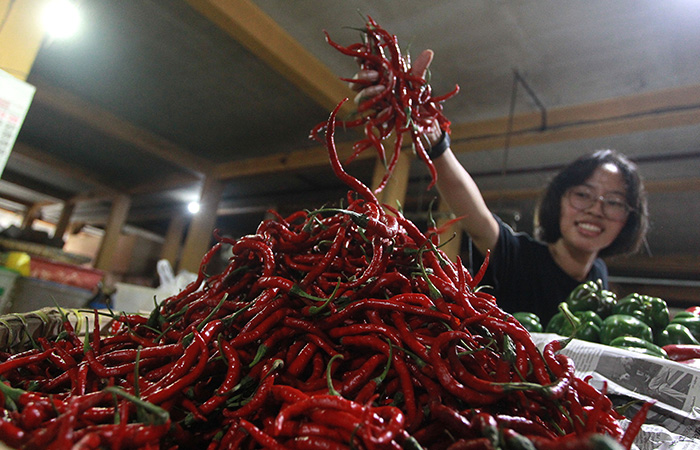MAHAL: Pedagang menjual cabai di Pasar Beringharjo Rabu (29/11). Harga  cabai masih fluktuatif. Saat ini harganya mencapai Rp 88 ribu per kilogram.GUNTUR AGA TIRTANA/RADAR JOGJA  