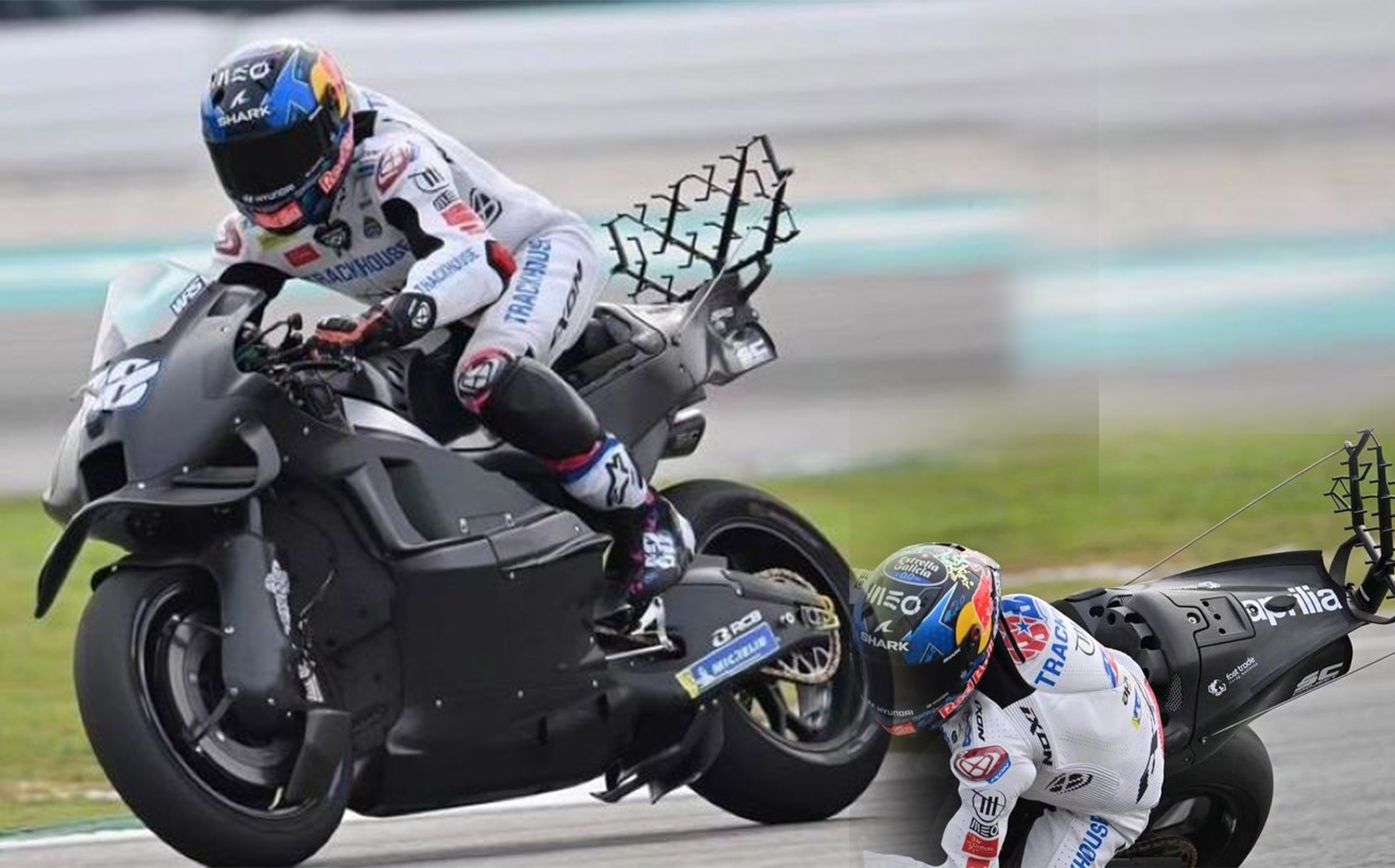 Aprilia Racing Team dalam tes pramusim MotoGP 2024 di Sirkuit Sepang, Malaysia. Team racing ini mengembangkan aerodinamika yang terpasang pada motornya layaknya tiang jemuran baju.