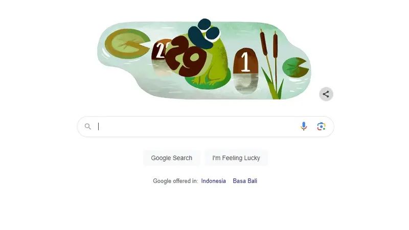 Tampilan Google Doodle merayakan tahun kabisat dengan simbol Katak.