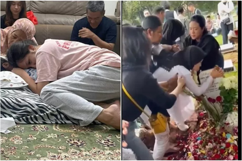 SEDIH: Pecah tangis Tamara Tyasmara di pemakaman sang anak.