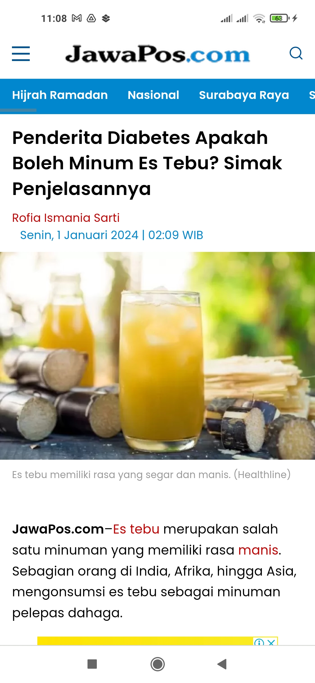 Ilustrasi es tebu memiliki rasa yang segar dan manis. (Healthline)