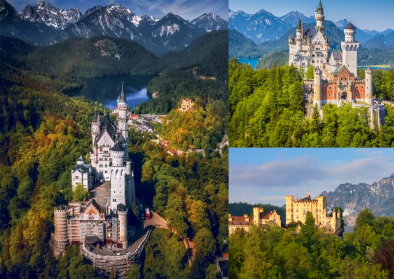 Kolase keindahan Bavaria yang diselimuti Pegunungan Alpen, Danau Konstanz yang indah dan Kastil Neuschwanstein, yang terkenal sebagai istana dongeng.
