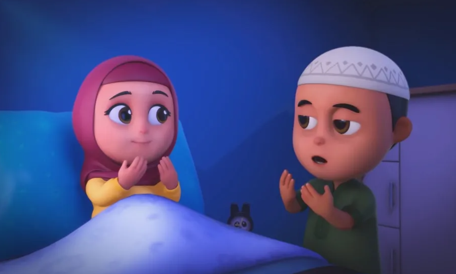 Illustrasi berdoa sebelum tidur dan bangun tidur dalam Islam.