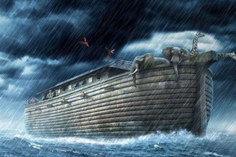 Ilustrasi Kisah Nabi Nuh dan bahteanya yang diterpa badai dan banjir besar.