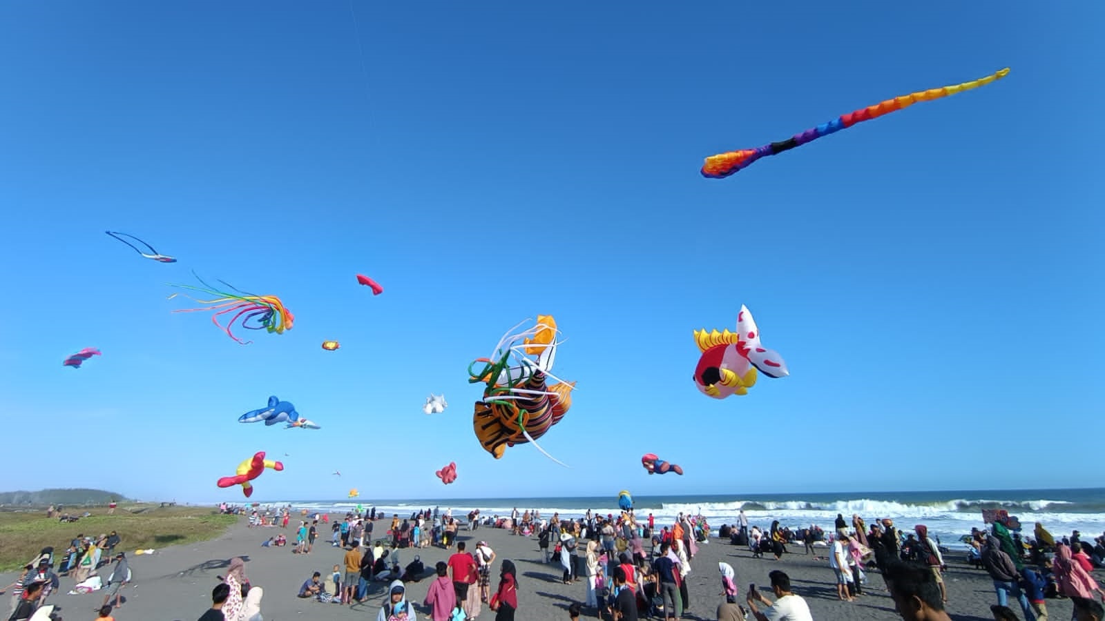 Langit Pantai Ketawang Purworejo dihiasi puluhan layang-layang pada festival layang-layang 10-11 Agustus 2024.(JIHAN ARON VAHERA/RADAR JOGJA)
