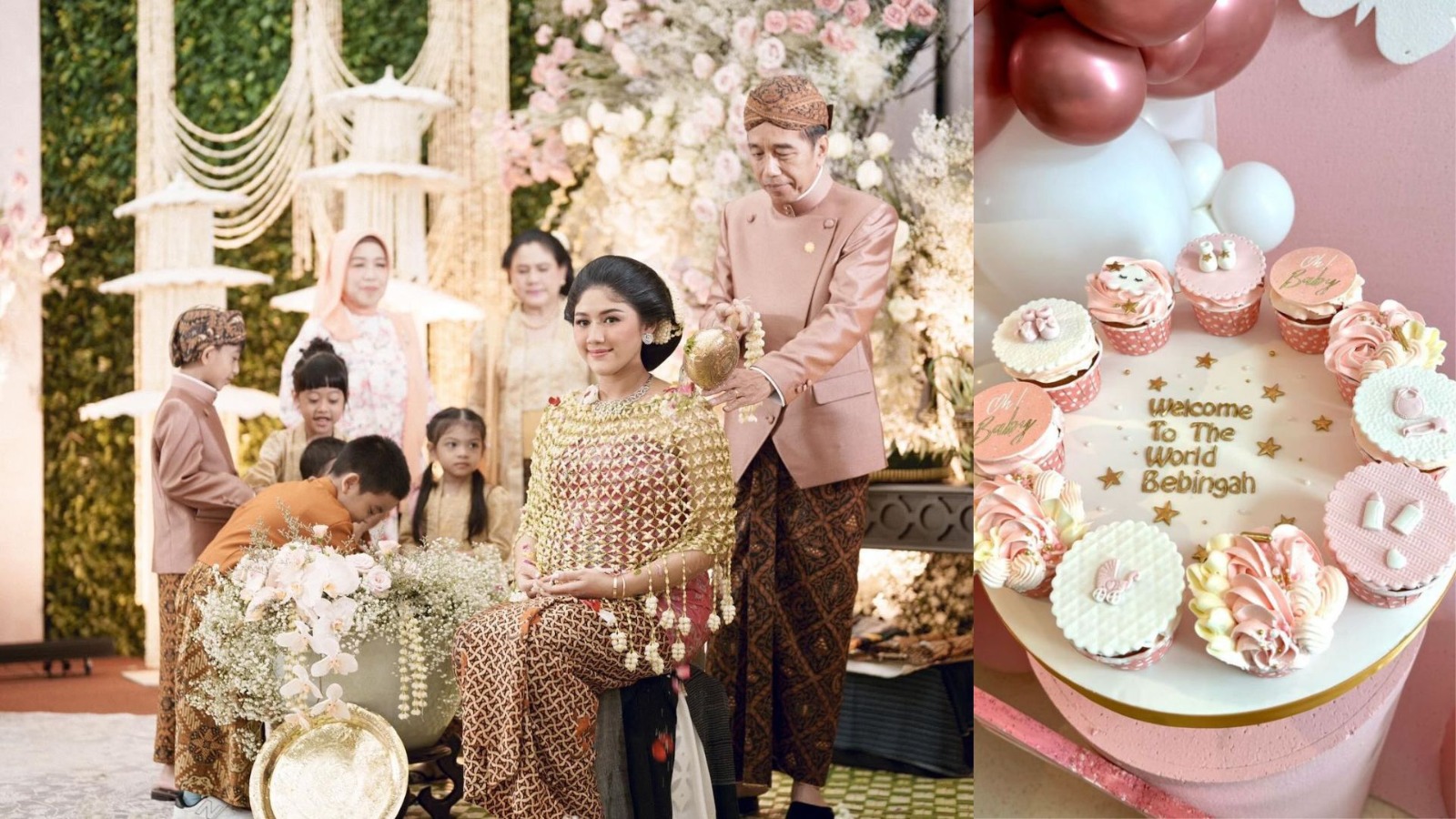 Prosesi siraman di Upacara Tingkeban kehamilan anak pertama Kaesang dan Kue ucapan selamat.