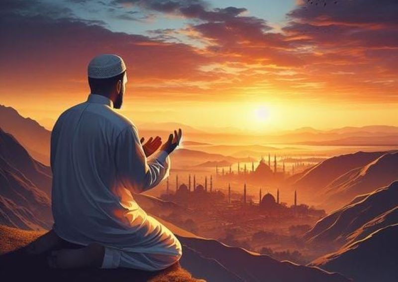Ilustrasi seorang muslim yang berdoa di atas perbukitan.