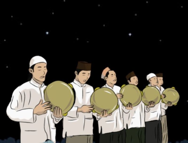 Ilustrasi grup rebana hadroh yang mengiringi mahalul qiyam dalam kegiatan marhaba.