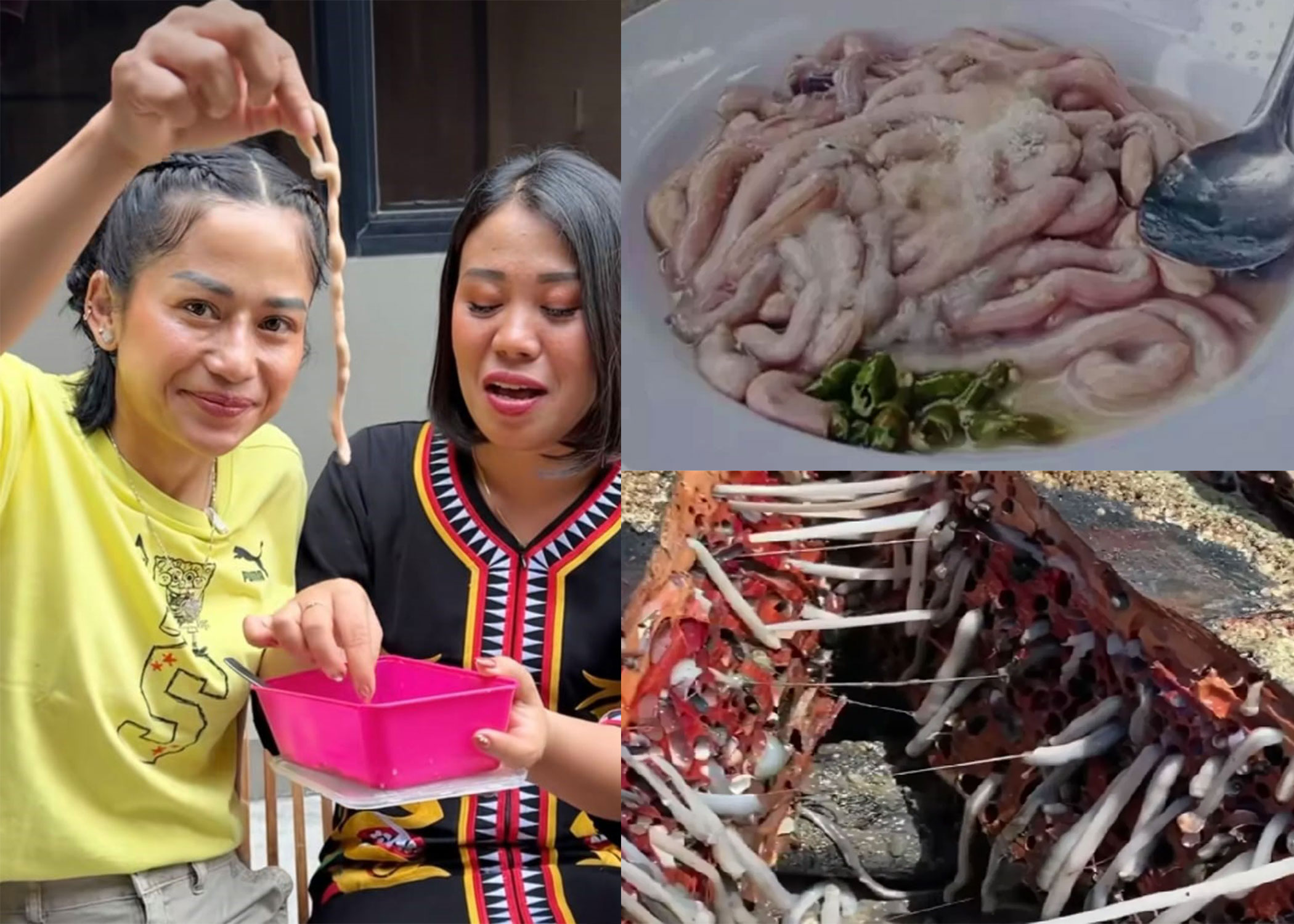 Food Vloger Farida Nurhan dan Cici saat nyeruput Cacing Tembiluk.