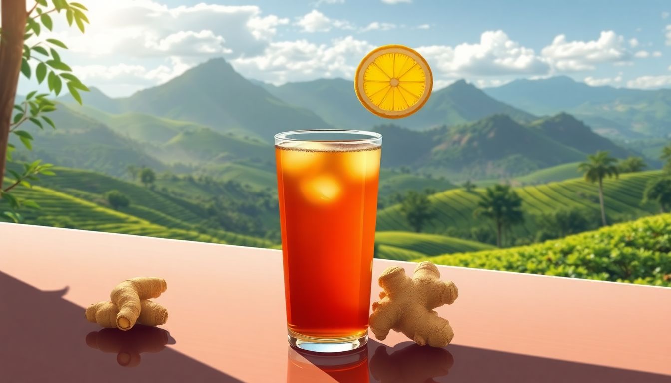 Segelas minuman wedhang jahe dengan pemandangan memukau, pegunungan membentang hijau.