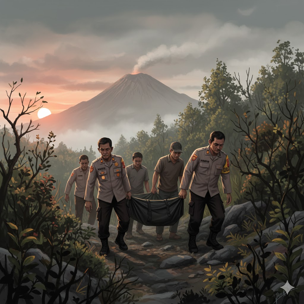 Ilustrasi polisi dan warga memanggul kantong jenazah.