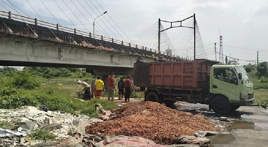 Pembersihan kepala udang membusuk di bantaran BKT, Jumat (7/11/2025)