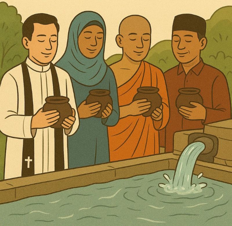 Ilustrasi gambar Para Ppemuka Agama mengikuti ritual Tirta Panguripan.
