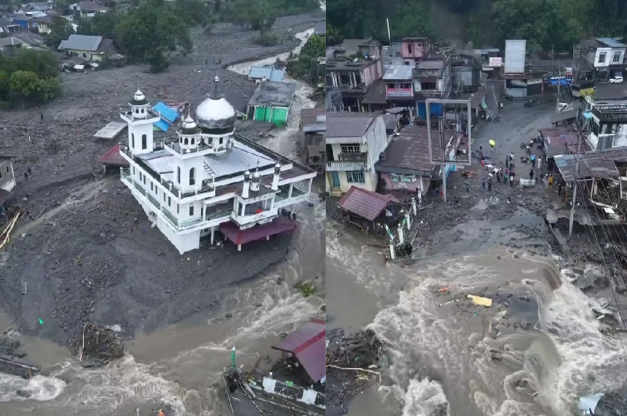 Pemandangan lokasi banjir dan longsor di Kabupaten Bener Meriah, Aceh Tengah melalui kamera drone pasca bencana meteorologi, 25 November 2025. 