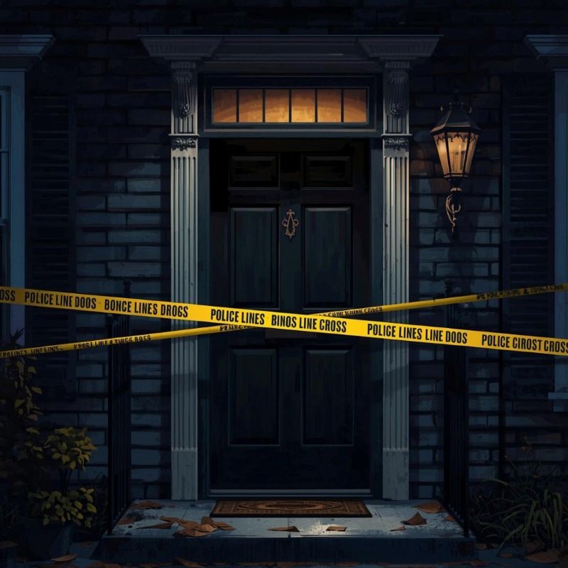 Ilustrasi pintu kamar kost yang dikelilingi oleh garis polisi.