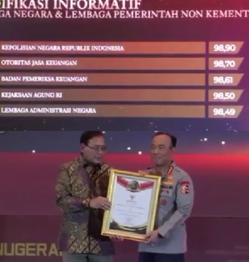 Wakapolri menerima penghargaan sebagai badan publik terbaik dengan nilai hampir sempurna.